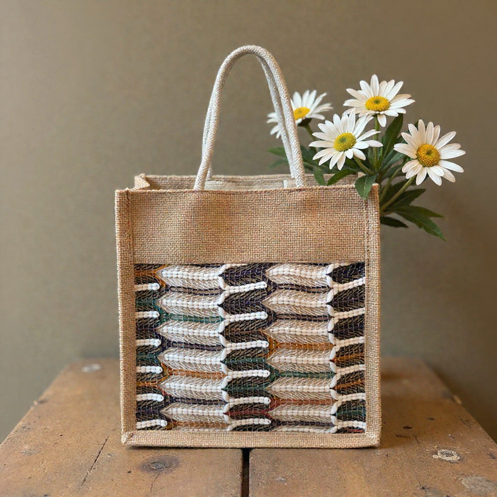 Jute Carry Bag with Multicolored Net – Eco-Friendly & Handmade