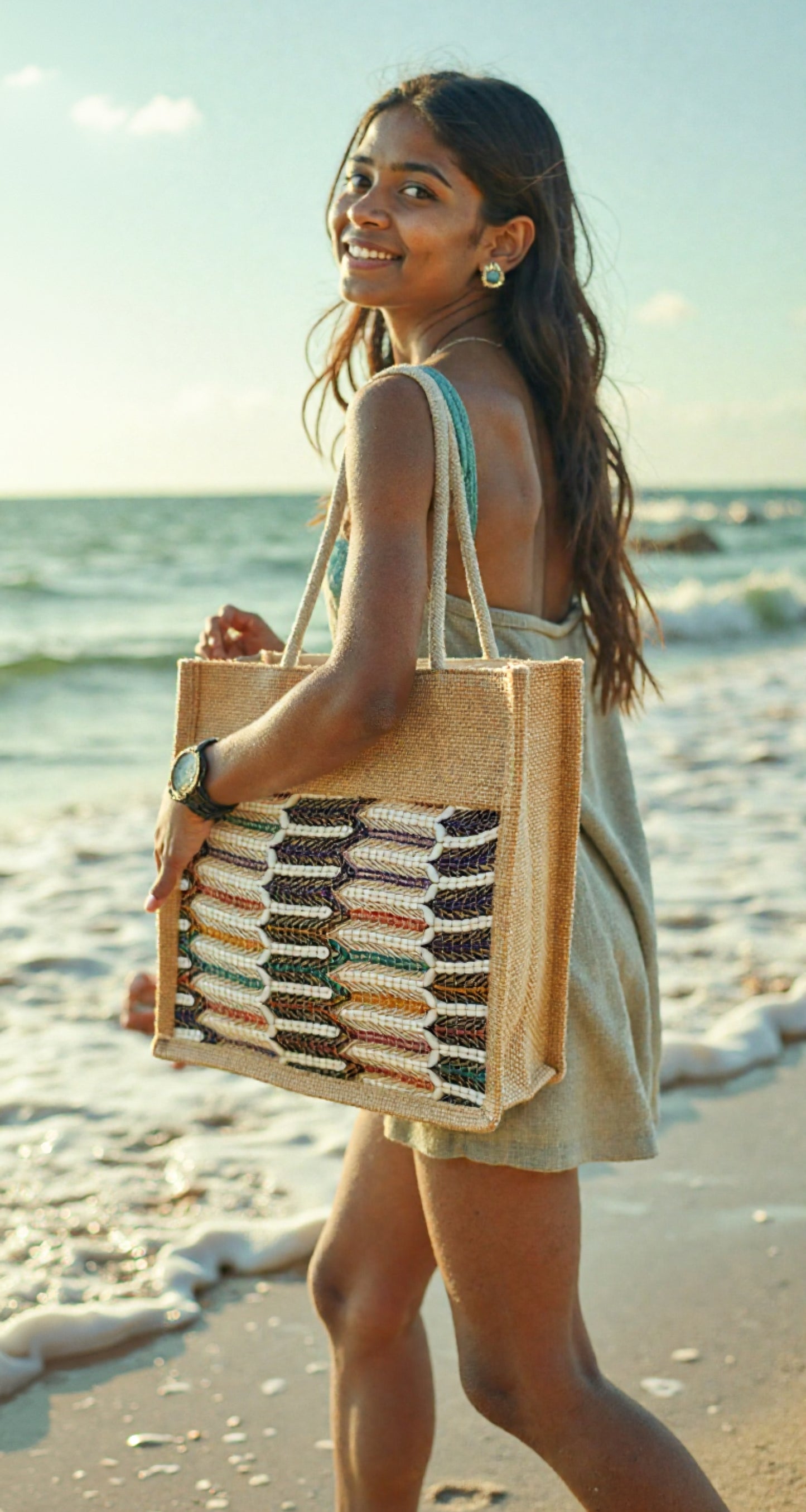 Jute Carry Bag with Multicolored Net – Eco-Friendly & Handmade