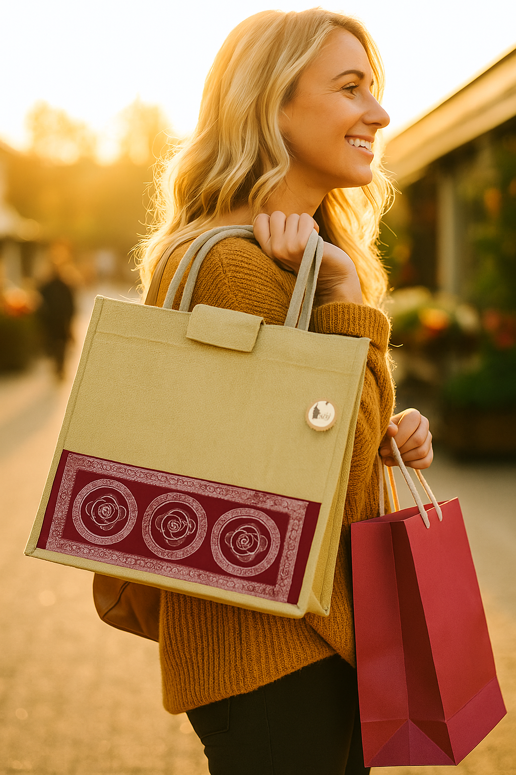 Aipan Print Jute Carry Bag Without Zipper Closure