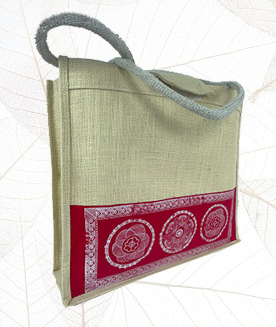 Aipan Print Jute Carry Bag Without Zipper Closure
