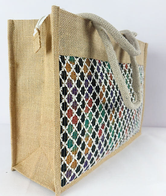 Jute Carry Bag with Multicolored Net – Eco-Friendly & Handmade