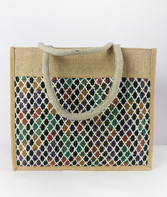 Jute Carry Bag with Multicolored Net – Eco-Friendly & Handmade