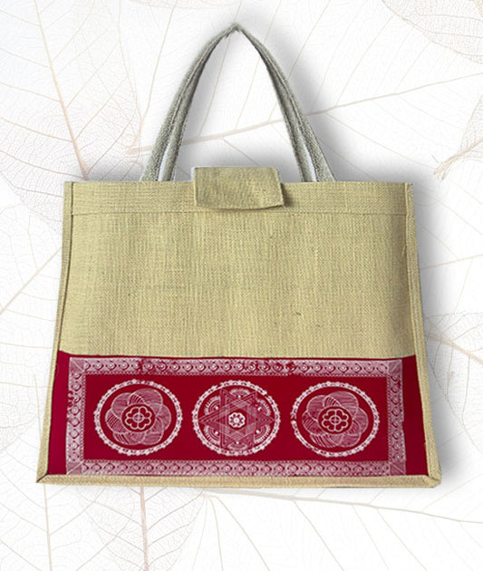 Aipan Print Jute Carry Bag Without Zipper Closure