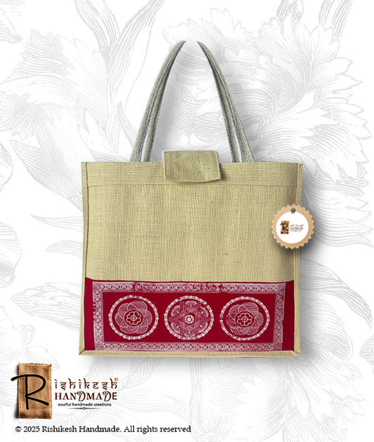 Aipan Print Jute Carry Bag Without Zipper Closure